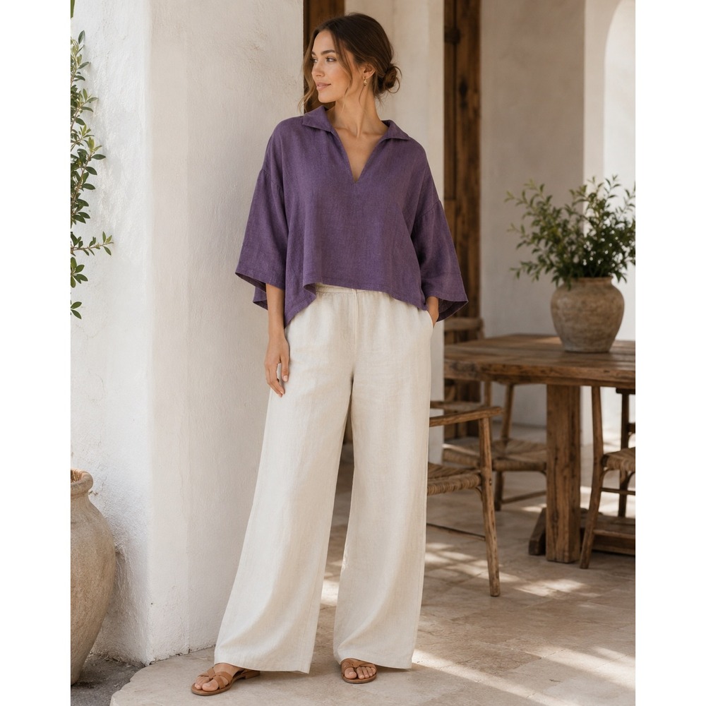 Humility Jasmin Linen 3/4 Sleeve Top Plum EU 36 US S Oversized V-Neck Minimalist